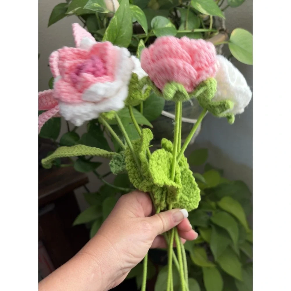 Handmade Crochet Flower Bouquet Pink Roses Lily Knit Flowers Gift Home Decor